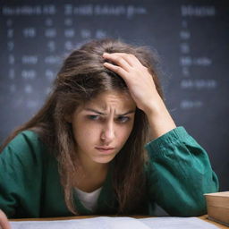 Side view of a distressed student, tightly gripping their hair in frustration, staring intently at a book with a complicated equation