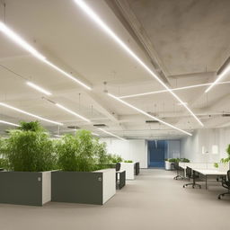 Modern workstation space, minimalistic design, very few plants, grid features, minimal panel ceiling lighting.