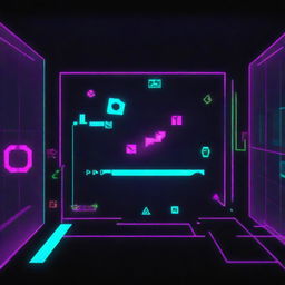 An action-packed scene from Geometry Dash with bold, geometric shapes jumping, dodging and darting across a vibrant colored screen pulsating with neon blues, pinks, and greens.