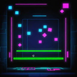 An action-packed scene from Geometry Dash with bold, geometric shapes jumping, dodging and darting across a vibrant colored screen pulsating with neon blues, pinks, and greens.