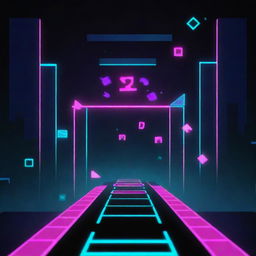 An action-packed scene from Geometry Dash with bold, geometric shapes jumping, dodging and darting across a vibrant colored screen pulsating with neon blues, pinks, and greens.