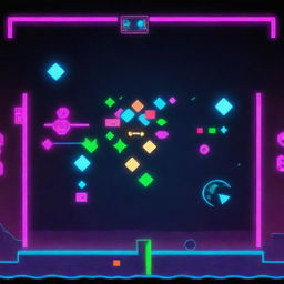 An action-packed scene from Geometry Dash with bold, geometric shapes jumping, dodging and darting across a vibrant colored screen pulsating with neon blues, pinks, and greens.