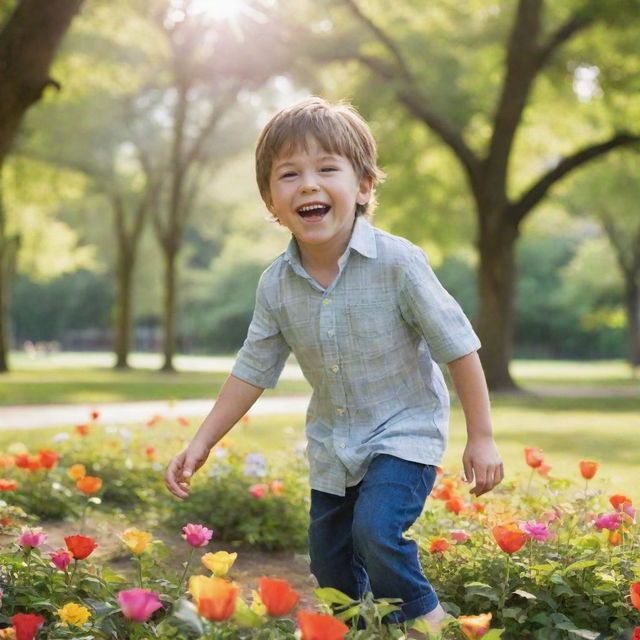 A young, happy boy having fun playing in a sun-lit park filled with green trees and colorful flowers.