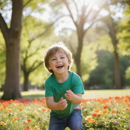 A young, happy boy having fun playing in a sun-lit park filled with green trees and colorful flowers.