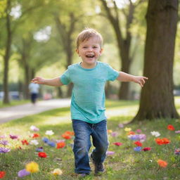 A young, happy boy having fun playing in a sun-lit park filled with green trees and colorful flowers.