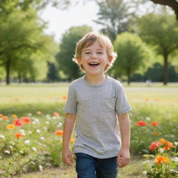 A young, happy boy having fun playing in a sun-lit park filled with green trees and colorful flowers.