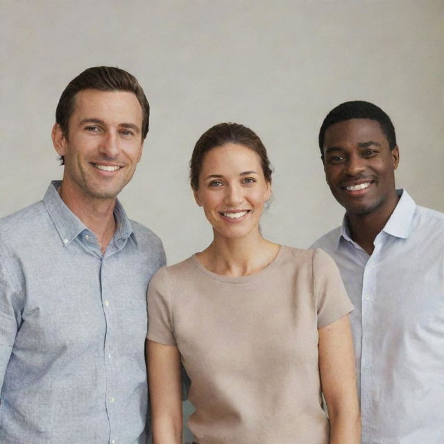 Three men and a woman standing together in a neutral setting with friendly facial expressions