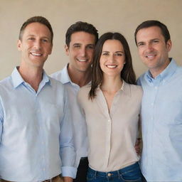 Three men and a woman standing together in a neutral setting with friendly facial expressions