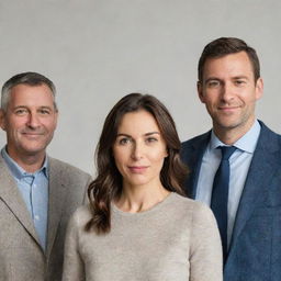 Three men and a woman standing together in a neutral setting with friendly facial expressions