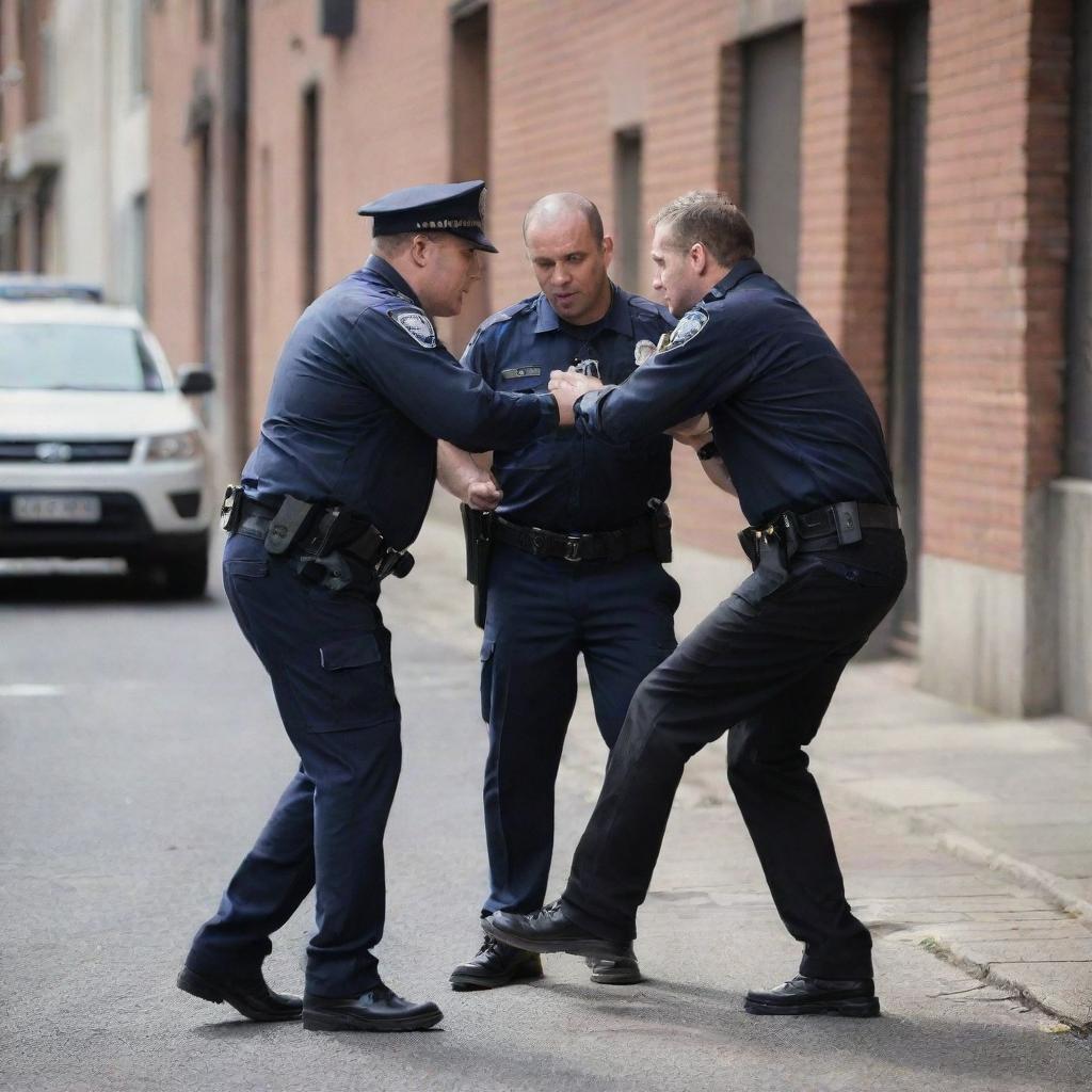 A police officer in uniform apprehending a criminal in a dramatic urban setting