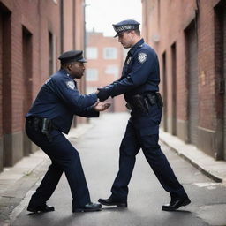 A police officer in uniform apprehending a criminal in a dramatic urban setting