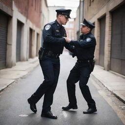 A police officer in uniform apprehending a criminal in a dramatic urban setting