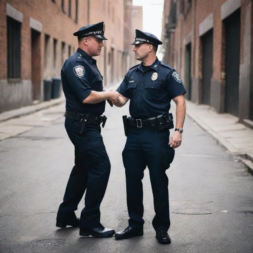 A police officer in uniform apprehending a criminal in a dramatic urban setting