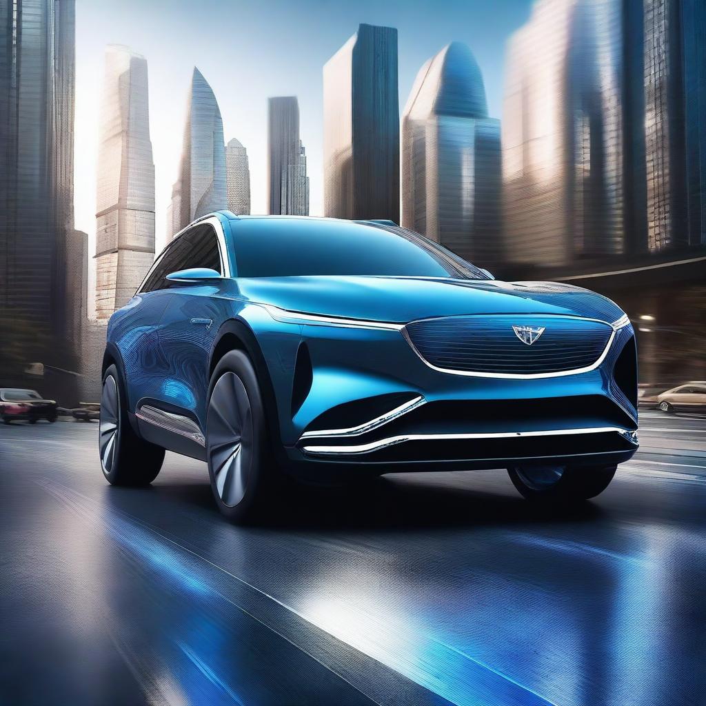 A high-quality digital art image showcasing a sleek, futuristic SUV in metallic blue color, gliding on a winding road amidst towering skyscrapers