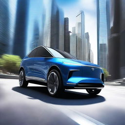 A high-quality digital art image showcasing a sleek, futuristic SUV in metallic blue color, gliding on a winding road amidst towering skyscrapers