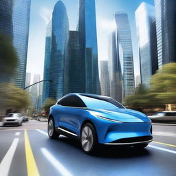 A high-quality digital art image showcasing a sleek, futuristic SUV in metallic blue color, gliding on a winding road amidst towering skyscrapers