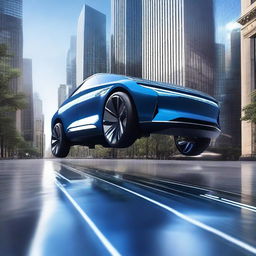 A high-quality digital art image showcasing a sleek, futuristic SUV in metallic blue color, gliding on a winding road amidst towering skyscrapers