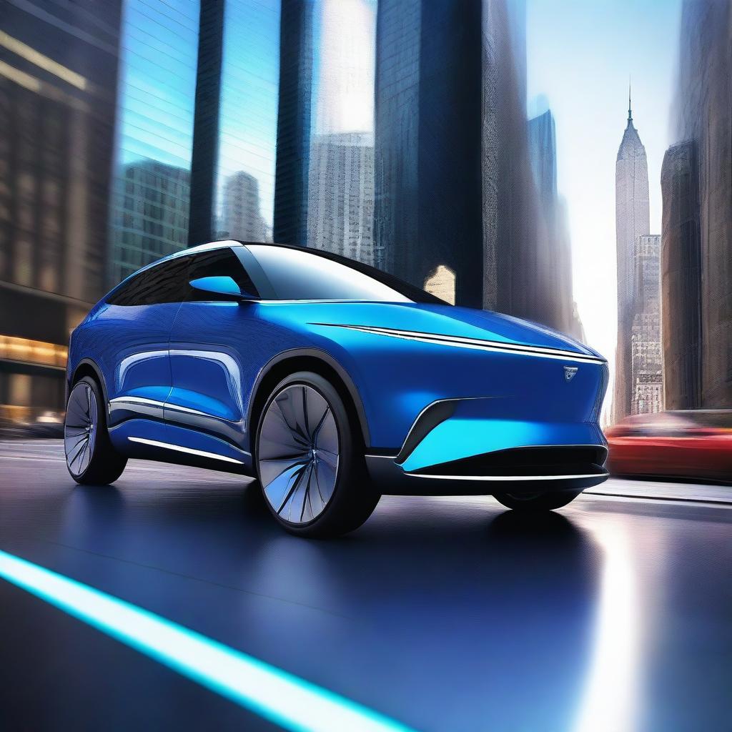 A high-quality digital art image showcases a sleek, futuristic SUV in vibrant metallic blue, effortlessly gliding on a winding highway amidst towering skyscrapers