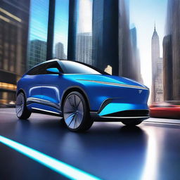 A high-quality digital art image showcases a sleek, futuristic SUV in vibrant metallic blue, effortlessly gliding on a winding highway amidst towering skyscrapers