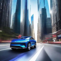 A high-quality digital art image showcases a sleek, futuristic SUV in vibrant metallic blue, effortlessly gliding on a winding highway amidst towering skyscrapers