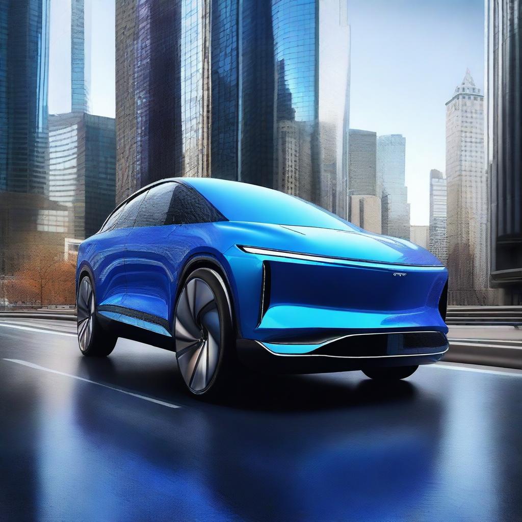 A high-quality digital art image showcases a sleek, futuristic SUV in vibrant metallic blue, effortlessly gliding on a winding highway amidst towering skyscrapers