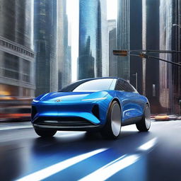 A high-quality digital art image showcases a sleek, futuristic SUV in vibrant metallic blue, effortlessly gliding on a winding highway amidst towering skyscrapers