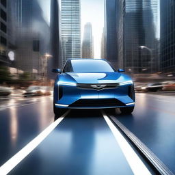 A high-quality digital art image depicts a sleek, futuristic SUV in a shimmering, metallic blue color, gliding effortlessly along a winding highway among towering skyscrapers