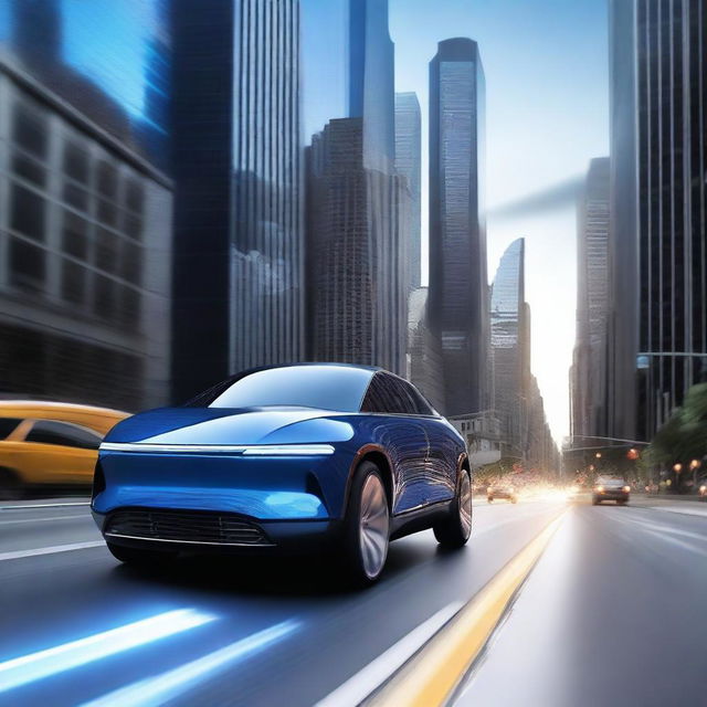 A high-quality digital art image depicts a sleek, futuristic SUV in a shimmering, metallic blue color, gliding effortlessly along a winding highway among towering skyscrapers