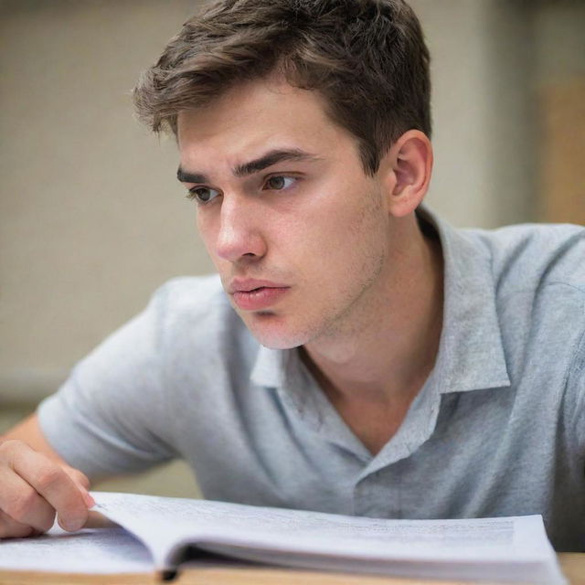 Side view of a frustrated male student, eyebrows furrowed, biting his lip, staring intensely at a textbook filled with complex equations