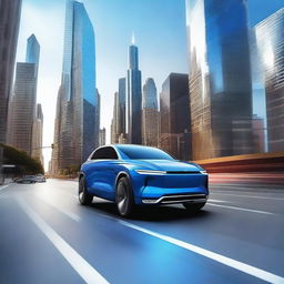 A high-quality digital art image depicts a sleek, futuristic SUV in a shimmering, metallic blue color, gliding effortlessly along a winding highway among towering skyscrapers