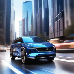 A high-quality digital art image depicts a sleek, futuristic SUV in a shimmering, metallic blue color, gliding effortlessly along a winding highway among towering skyscrapers