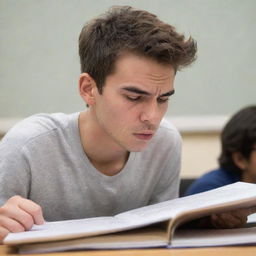 Side view of a frustrated male student, eyebrows furrowed, biting his lip, staring intensely at a textbook filled with complex equations