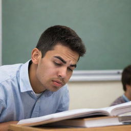 Side view of a frustrated male student, eyebrows furrowed, biting his lip, staring intensely at a textbook filled with complex equations