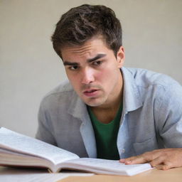 Side view of a frustrated male student, eyebrows furrowed, biting his lip, staring intensely at a textbook filled with complex equations