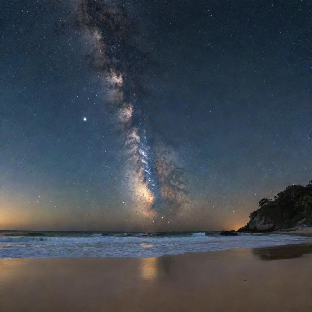 View of the Milky Way galaxy spread across the night sky, viewed from a spooky, secluded beach with haunting shadows.