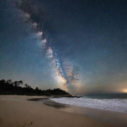 View of the Milky Way galaxy spread across the night sky, viewed from a spooky, secluded beach with haunting shadows.