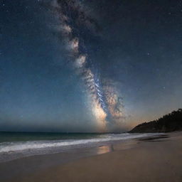 View of the Milky Way galaxy spread across the night sky, viewed from a spooky, secluded beach with haunting shadows.