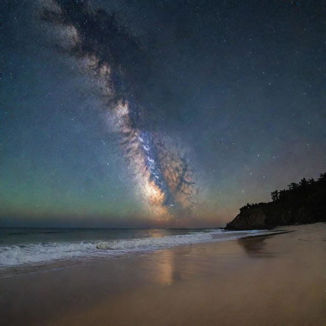 View of the Milky Way galaxy spread across the night sky, viewed from a spooky, secluded beach with haunting shadows.