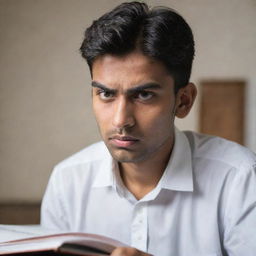 Side view of a frustrated Indian male student, expressive eyes and furrowed brows, engrossed in studying from a difficult textbook