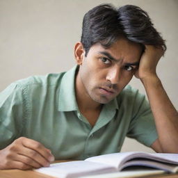 Side view of a frustrated Indian male student, expressive eyes and furrowed brows, engrossed in studying from a difficult textbook