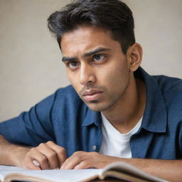 Side view of a frustrated Indian male student, expressive eyes and furrowed brows, engrossed in studying from a difficult textbook