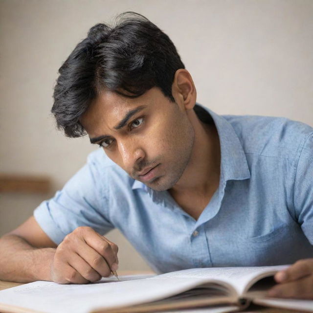 Side view of a frustrated Indian male student, expressive eyes and furrowed brows, engrossed in studying from a difficult textbook