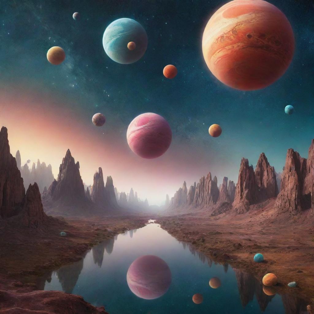 An ethereal abstract depiction of parallel worlds theory, multiple hanging planets in different dimensions, unique landscapes with varying color palettes, and portals connecting them in a cosmic space