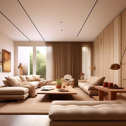 Design a creative minimilastic interior or a modern vibe living room which should cozy compfy and neat