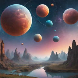 An ethereal abstract depiction of parallel worlds theory, multiple hanging planets in different dimensions, unique landscapes with varying color palettes, and portals connecting them in a cosmic space