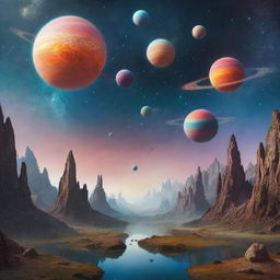 An ethereal abstract depiction of parallel worlds theory, multiple hanging planets in different dimensions, unique landscapes with varying color palettes, and portals connecting them in a cosmic space