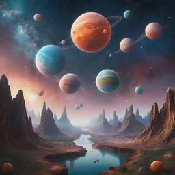 An ethereal abstract depiction of parallel worlds theory, multiple hanging planets in different dimensions, unique landscapes with varying color palettes, and portals connecting them in a cosmic space