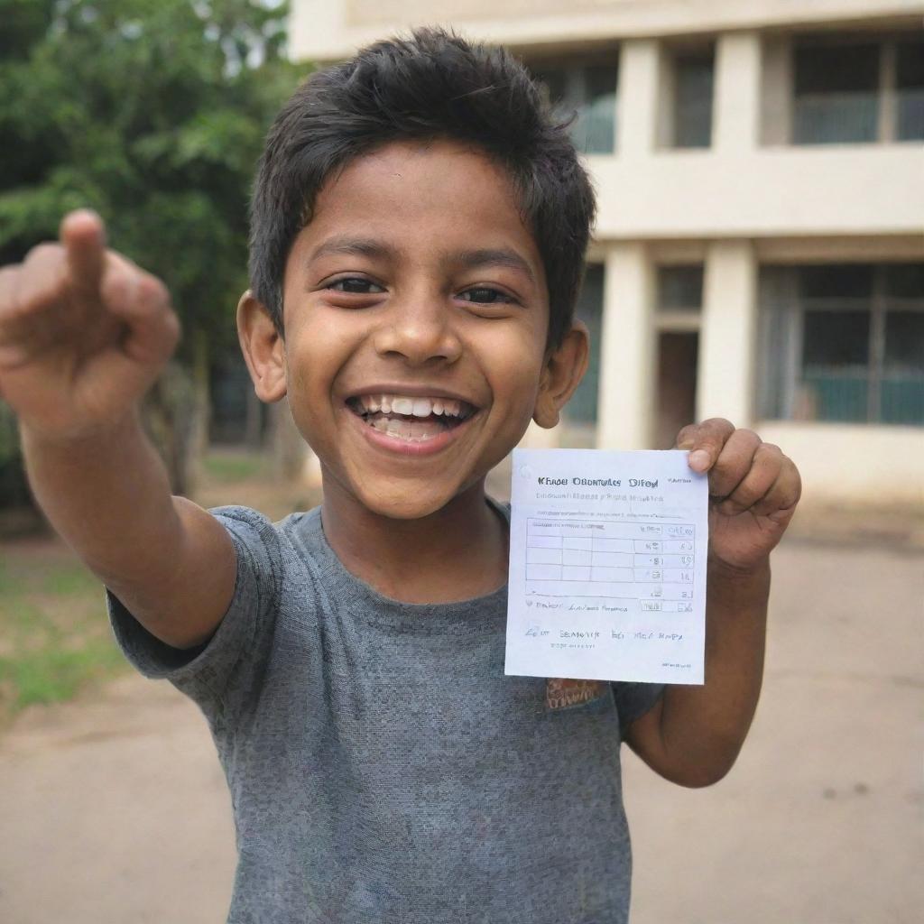 An elated Indian boy, flashing a bright smile, holding up a report card with top grades