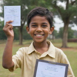 An elated Indian boy, flashing a bright smile, holding up a report card with top grades