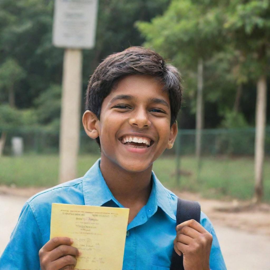 An elated Indian boy, flashing a bright smile, holding up a report card with top grades